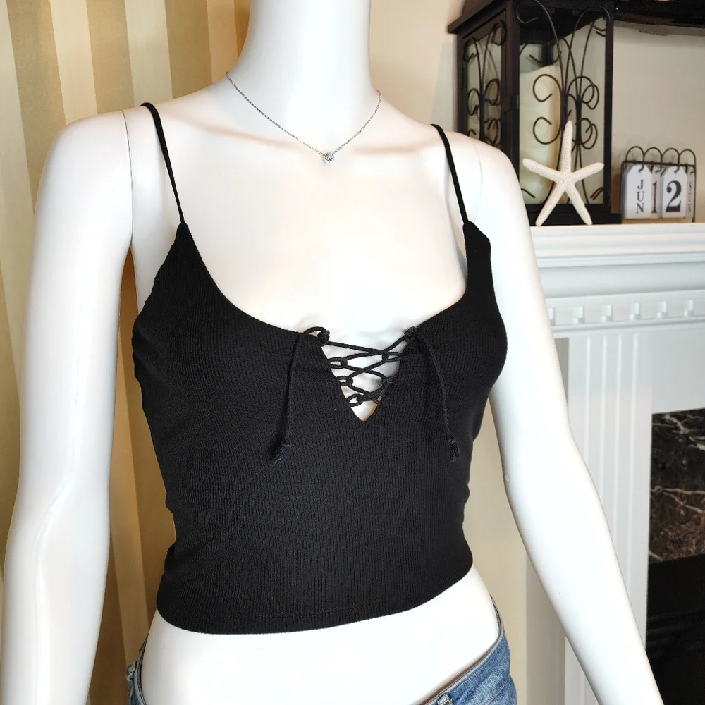 FOREVER 21 Y2K 90'S RIBBED CROPPED LACE-UP TANK, BLACK L - Picture 2 of 7